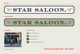 Graphic design in Apple TV's Manhunt; a saloon logo design