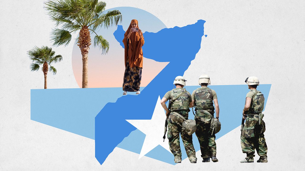 An illustrated collage of U.S. troops, Somalia&amp;#039;s outline, and palm trees