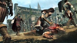 The Courtesan killing the Executioner with a fan in Assassin's Creed Brotherhood's multiplayer.