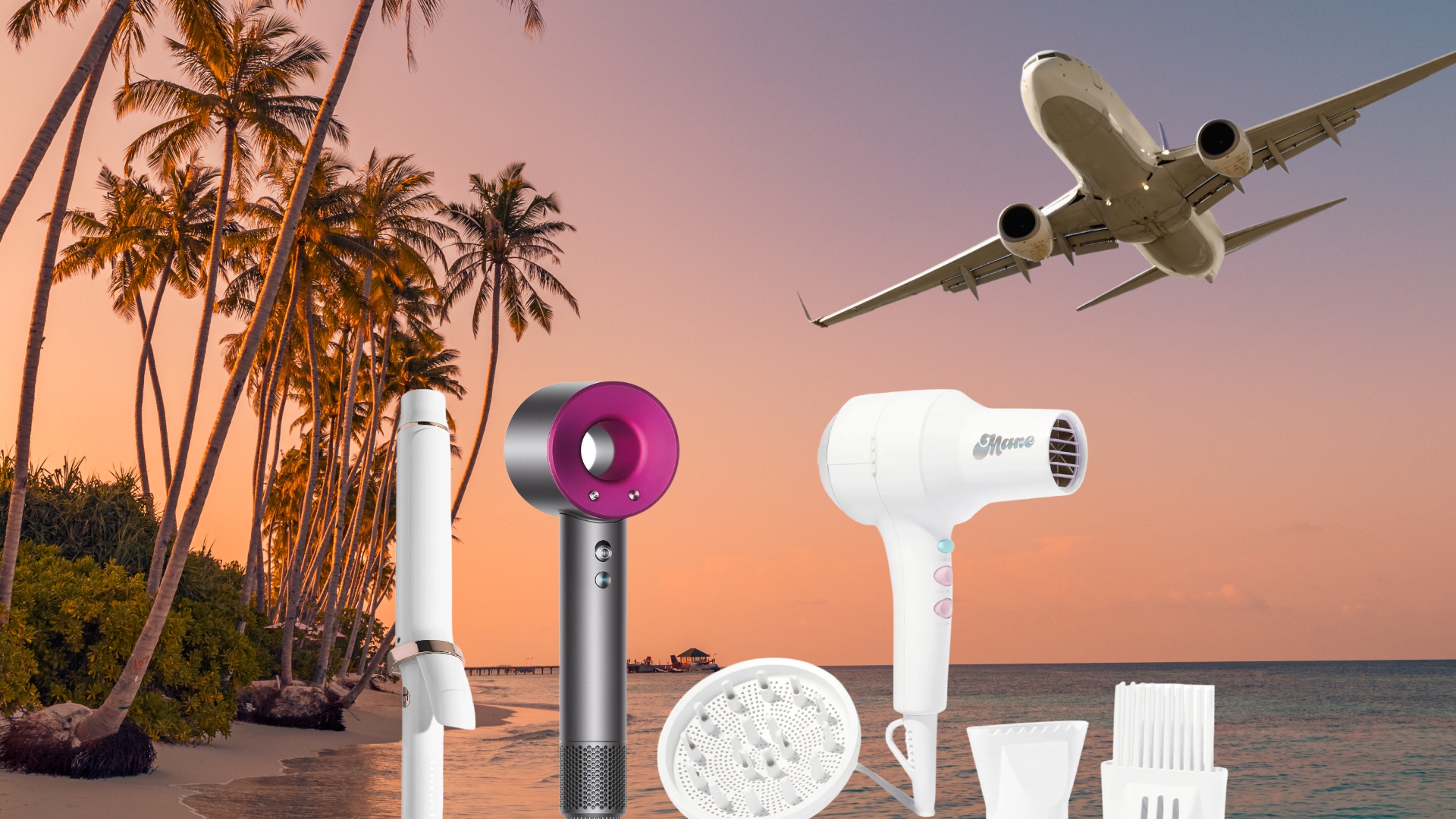 sunset on a beach with tsa approved hair tools and a plane