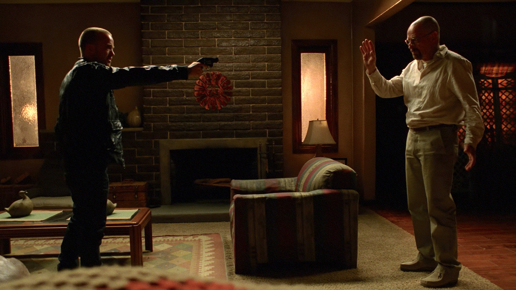 Jesse holding Walt at gunpoint during fight in Breaking Bad Season 4 "End Times"