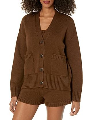 The Drop Women's Brigitte Chunky Button Front Pocket Ribbed Cardigan, Coffee Bean, S