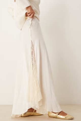 Free People Lace Insert Satin Maxi Skirt in Cream