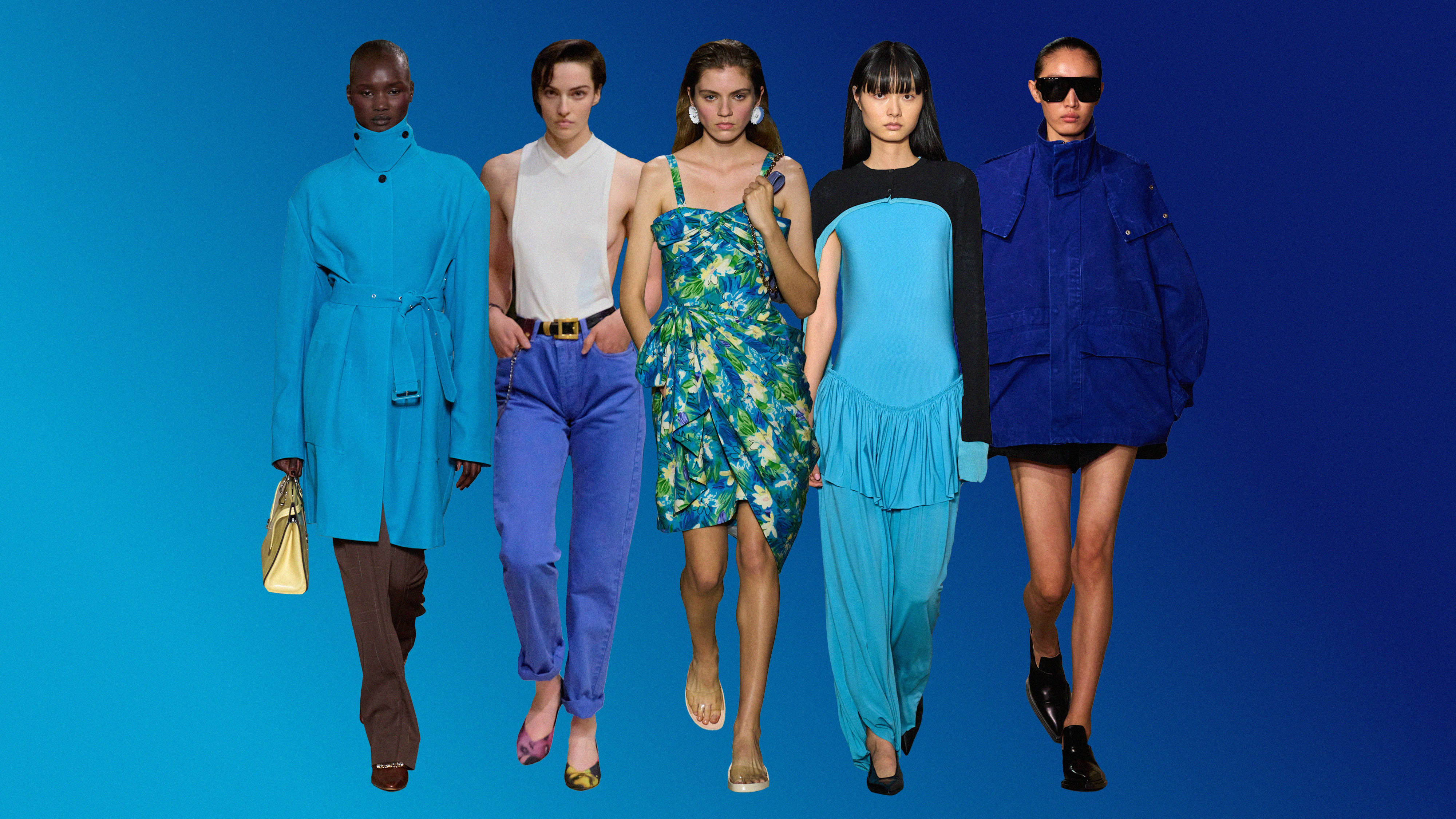 Capri blue trend on the spring/summer 2026 runway at Tory Burch, Versace, Chloé, Ashlyn, and Victoria Beckham