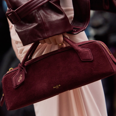 detail street style image of a person holding a burgundy alaia baguette bag with a burgundy leather sleeve jacket and light pink skirt