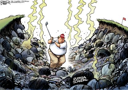 Political Cartoon U.S. Trump golf Florida Mar-a-Lago Russia ties garbage