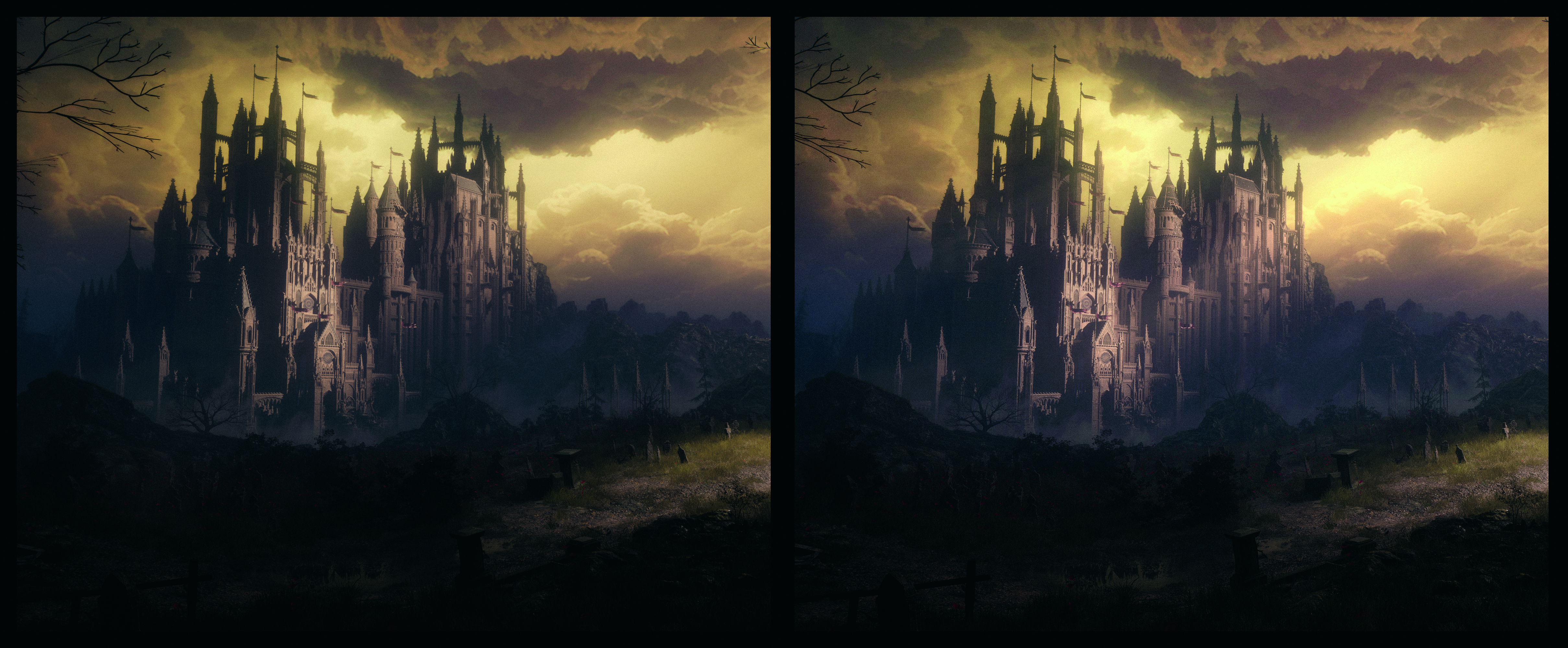 A sun setting on a castle