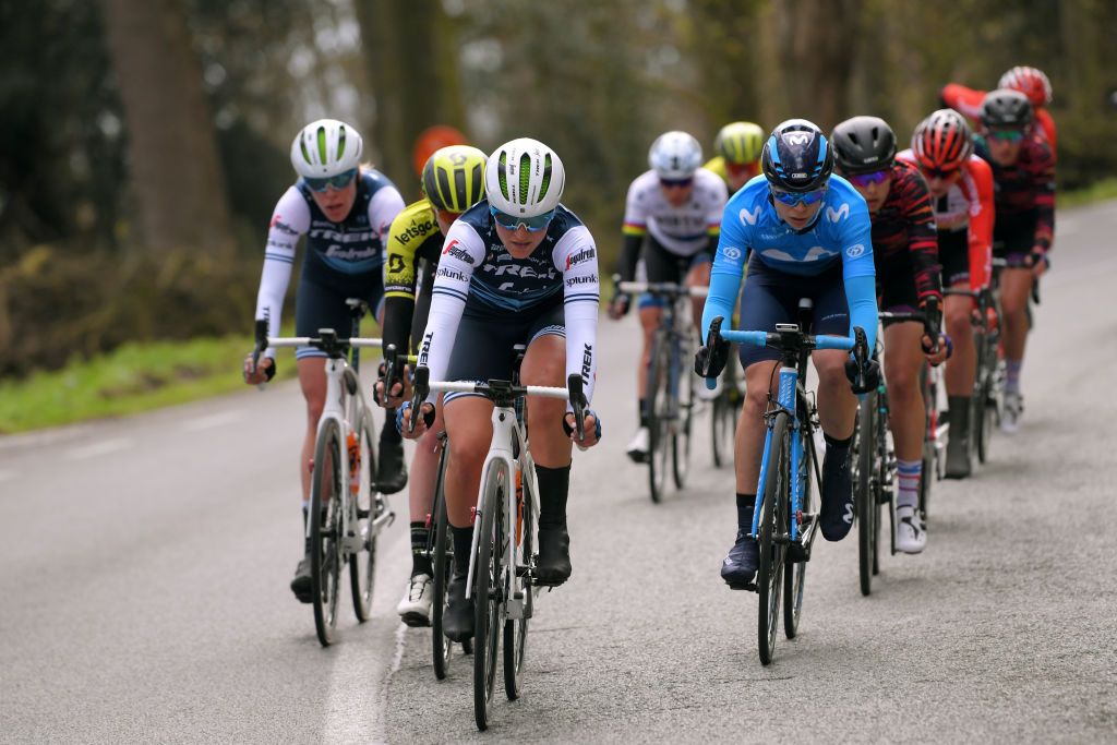 Ellen van Dijk and Elisa Longo Borghini (Trek-Segafredo) and Sheyla Guiterrez (Movistar) lead a powerful breakaway