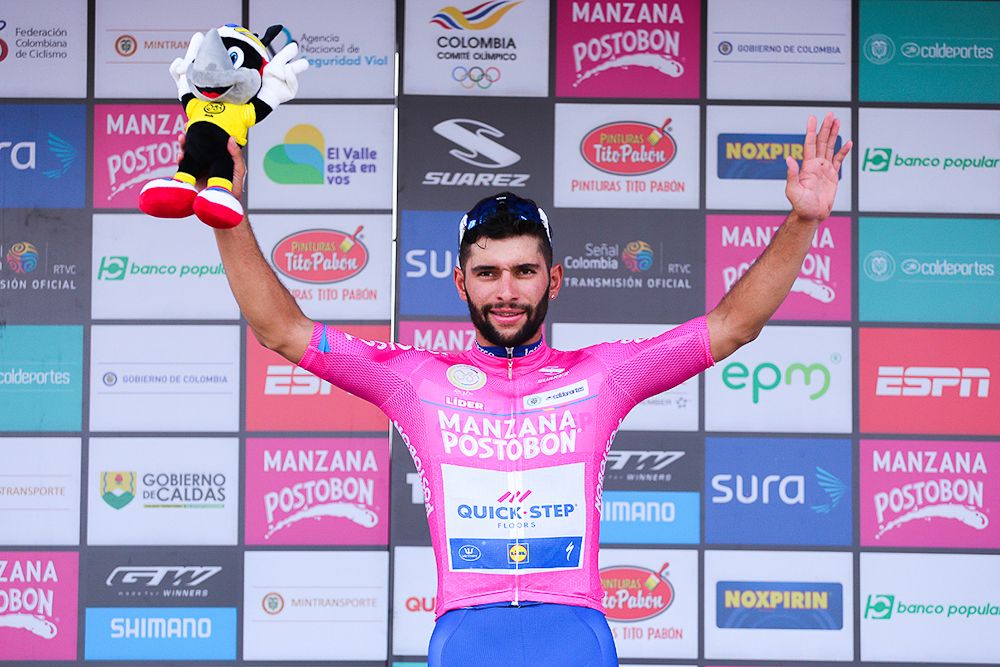 Fernando Gaviria on the podium after winning the opening stage of Colombia Oro y Paz