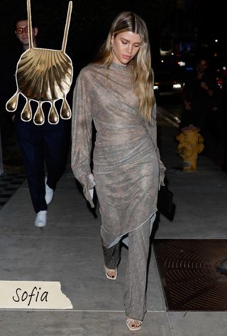 Collage of Sofia Richie Grainge and gold shell pendant necklace.