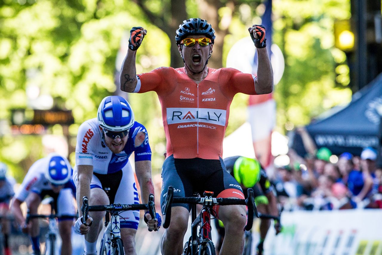 Brad Huff (Rally) wins the Criterium National Championships ahead of a battered John Murphy (UHC).