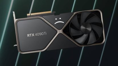 Mock up of Nvidia RTX 4090 Ti GPU with sad text face at top