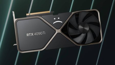 Mock up of Nvidia RTX 4090 Ti GPU with sad text face at top