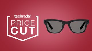 Ray-Ban Stories smart glasses on a red background next to techradar deals price cut badge