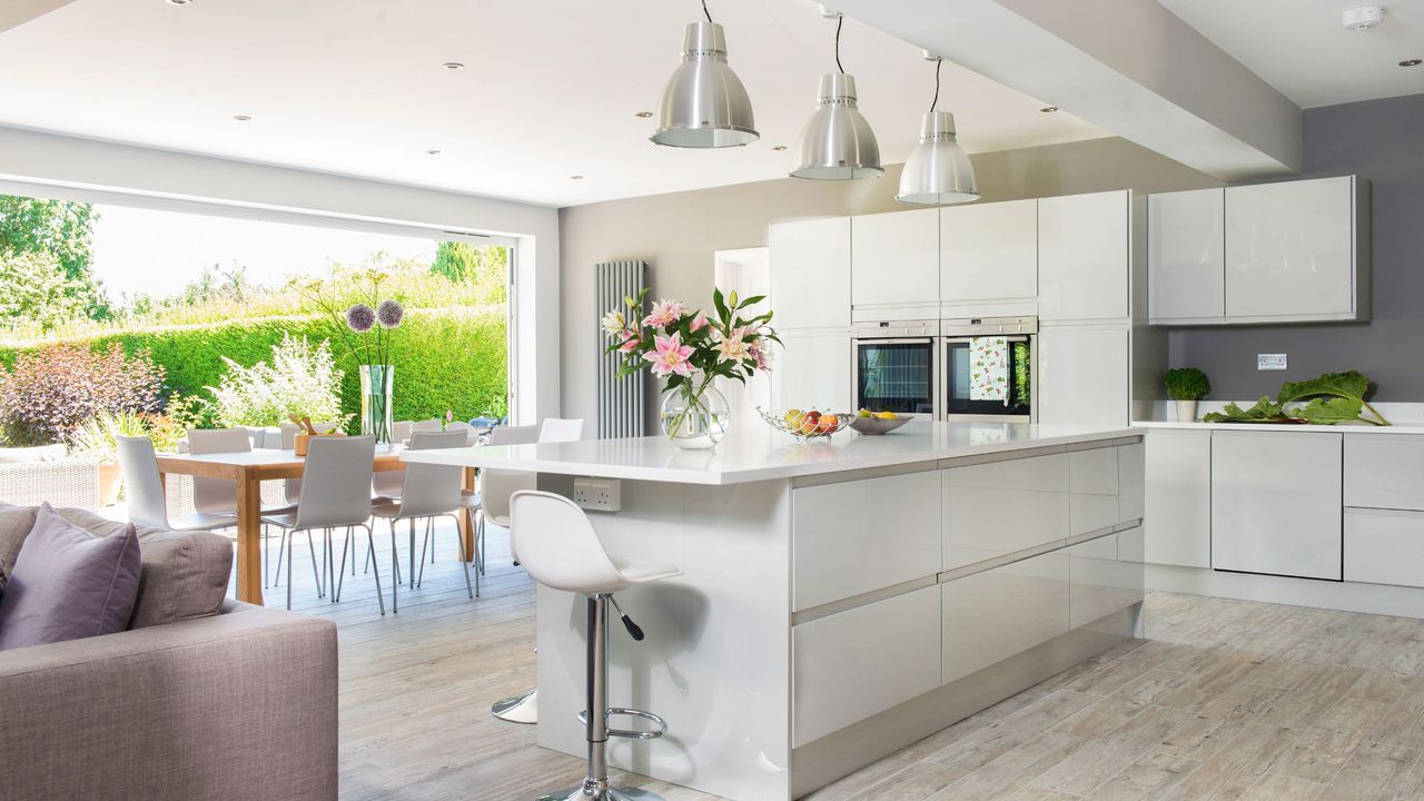 Large kitchen extension with neutral units, and large opening to the garden