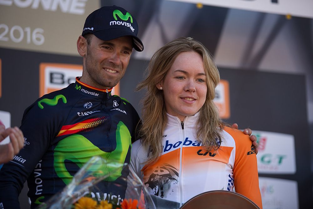 Winner of the men's edition, Alejandro Valverde (ESP) of Movistar Team and the women's winner, Anna van der Breggen (NED) of Rabo-Liv Cycling Team stand on the podium of the Fl&egrave;che Wallonne Femmes