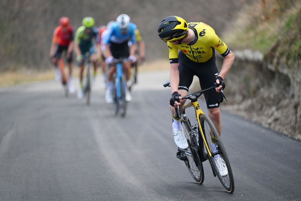 VALLE CASTELLANA ITALY MARCH 08 Jonas Vingegaard Hansen of Denmark and Team VismaLease A Bike attacks in the breakaway during the 59th TirrenoAdriatico 2024 Stage 5 a 144km stage from Torricella Sicura to Valle Castellana 615m UCIWT on March 08 2024 in Valle Castellana Italy Photo by Tim de WaeleGetty Images