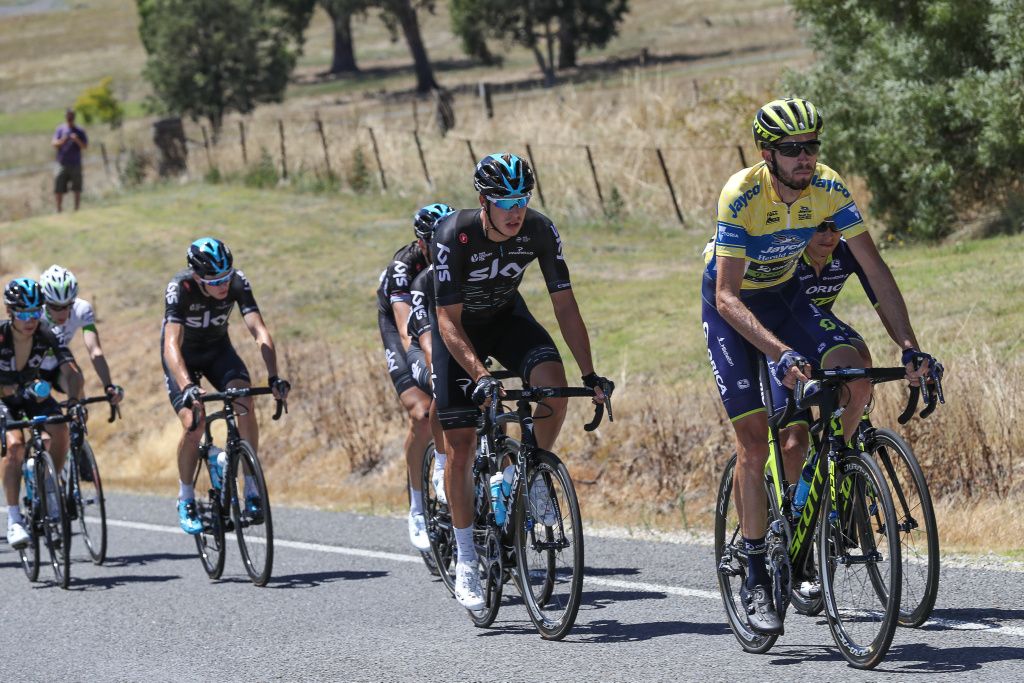 Former yellow jersey wearer Danny van Poppel (Team Sky) and current yellow jersey holder Damien Howson (Orica-Scott)