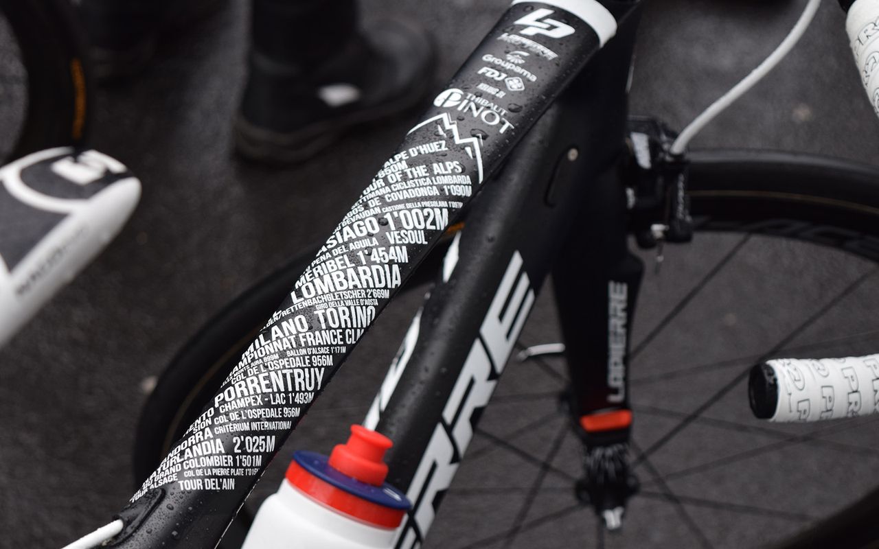 Thibaut Pinot has a number of his race victories adorning the top tube of his bikes at the race