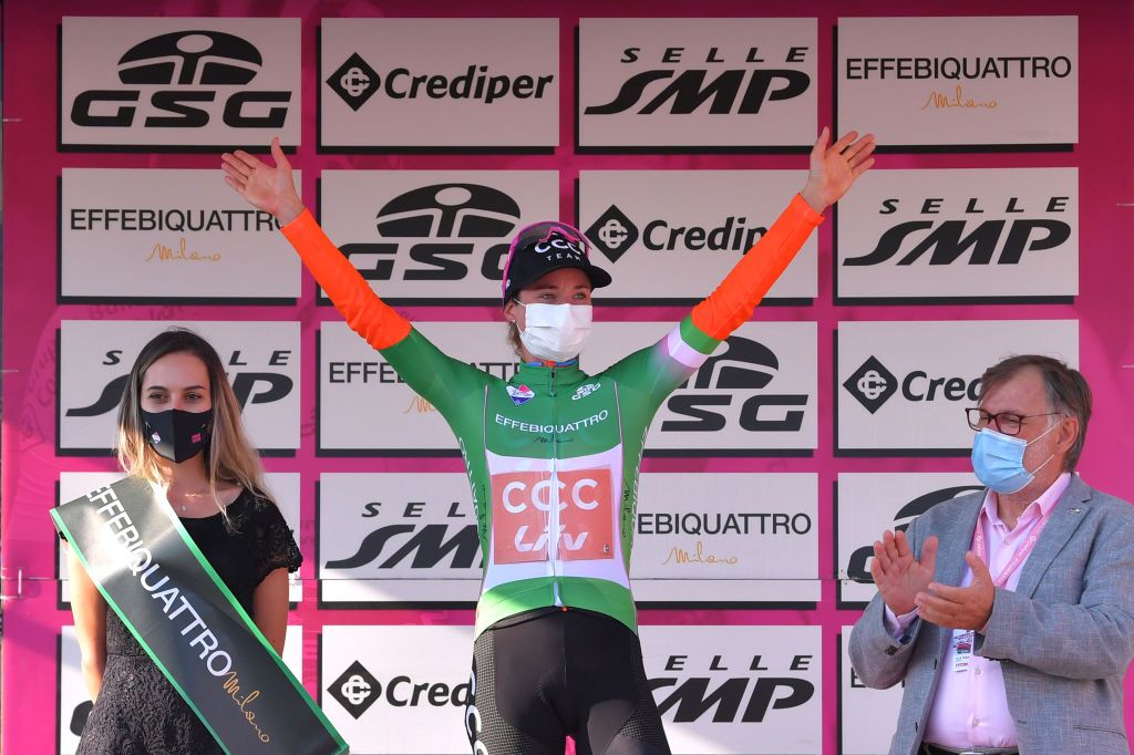 ASSISI ITALY SEPTEMBER 13 Podium Marianne Vos of The Netherlands and Team CCC Liv Green Mountain Jersey Celebration during the 31st Giro dItalia Internazionale Femminile 2020 Stage 3 a 1422km stage from Santa Fiora to Assisi 413m GiroRosaIccrea GiroRosa on September 13 2020 in Assisi Italy Photo by Luc ClaessenGetty Images