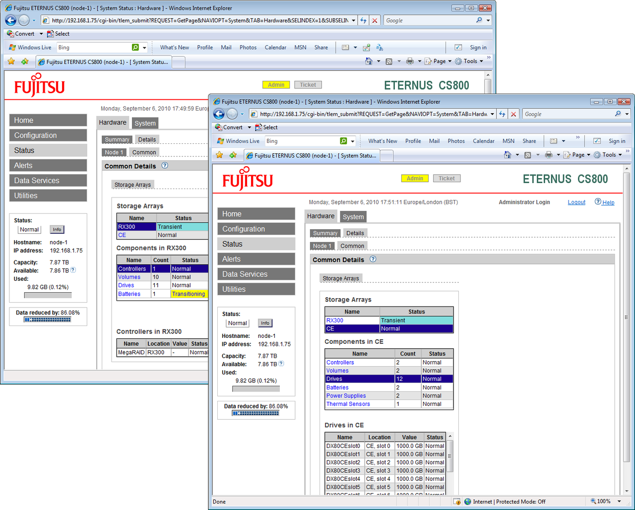 The web interface provides plenty of status information about the main head unit and the disk arrays.