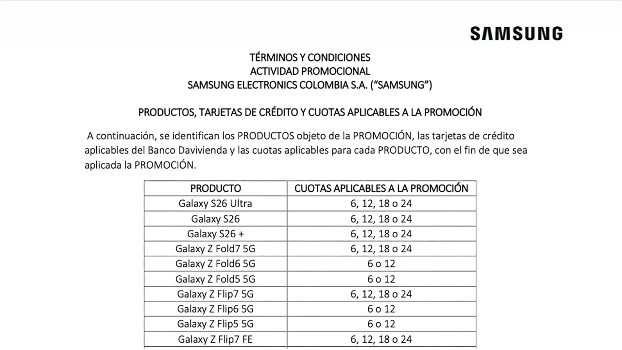 Samsung Galaxy S26 deals document posted by Samsung Colombia
