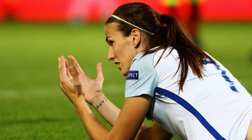 Jill Scott, England XI captain at Soccer Aid 2024, reacts after missing a chance for England&#039;s Lionesses.