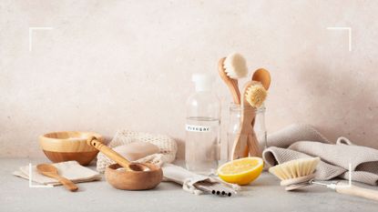 Kitchen countertop with natural cleaning solutions, soft bristle brushes and lemons for cleaning with vinegar