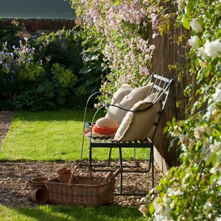 garden with iron bench and cushion