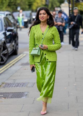 Stylish woman in London wearing an all-green outfit