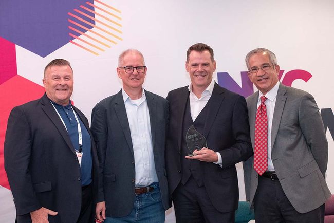 (from l.): Joe Schramm, Schramm Marketing Group; Kent Gibbons, content director, B+C, Multichannel News and Next TV; NBCUniversal Telemundo&rsquo;s Miguel Gurwitz, winner of the Award for Leadership in Hispanic TV Programming; and Joe Torres of WABC New York.