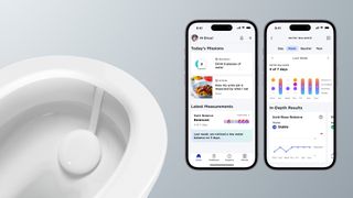Withings U-Scan in toilet bowel next to two smartphones showing screenshots of the app