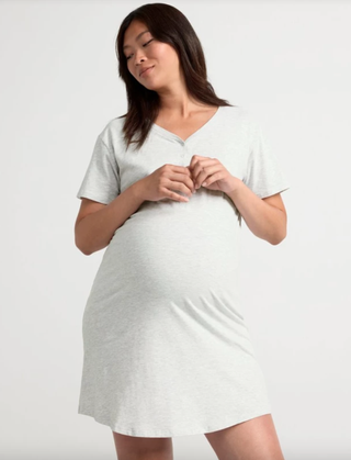 Pregnant woman in grey MOM Night dress