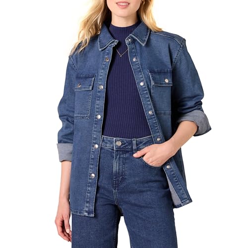 Amazon Essentials Women's Oversized-Fit Heavyweight Denim Shirt Jacket, Medium Wash, X-Small