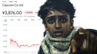 A terrified Nata points at the screen with Capcom's plummeting stock price behind him.
