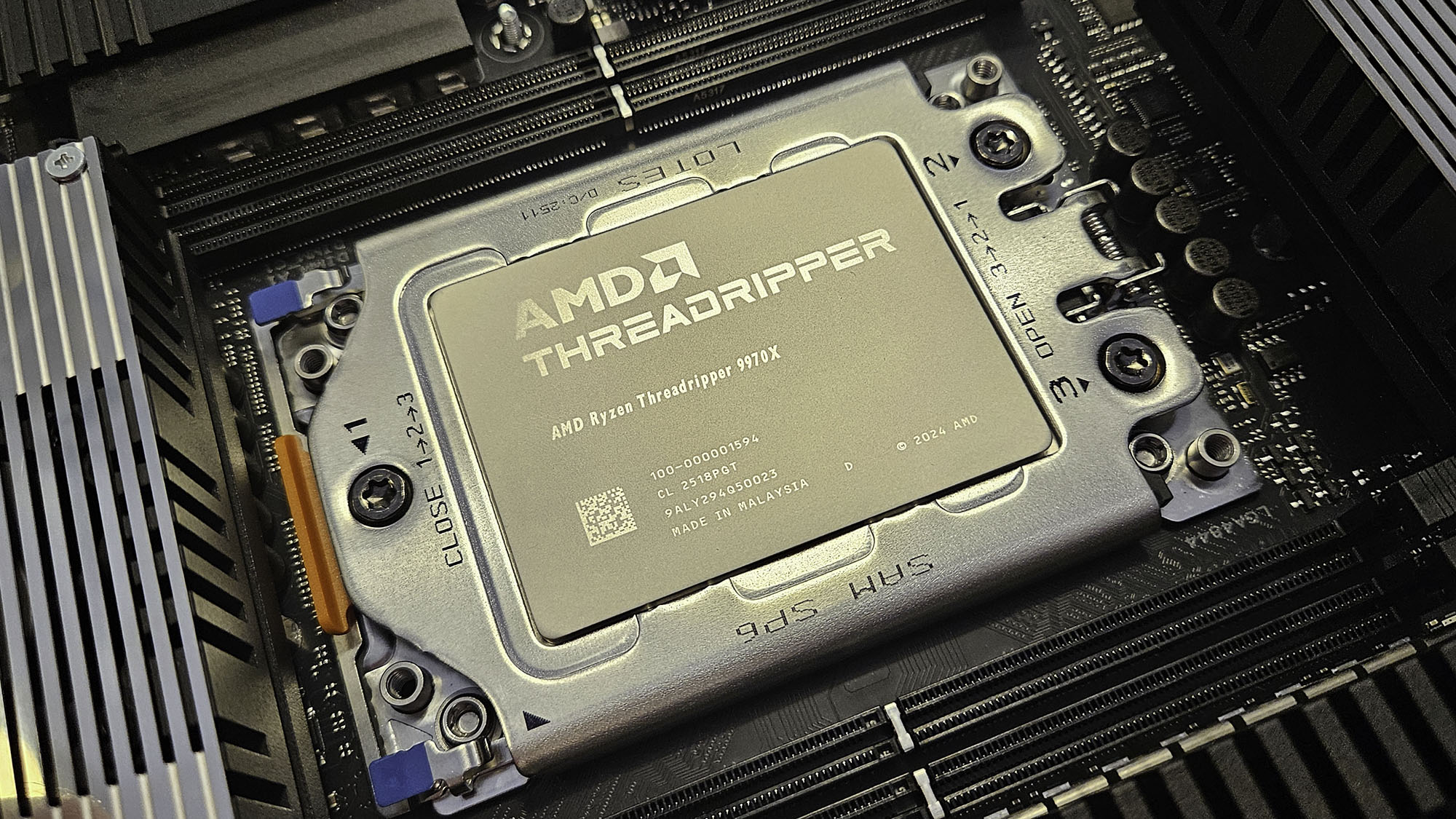 An AMD Ryzen Threadripper 9970X slotted into a motherboard