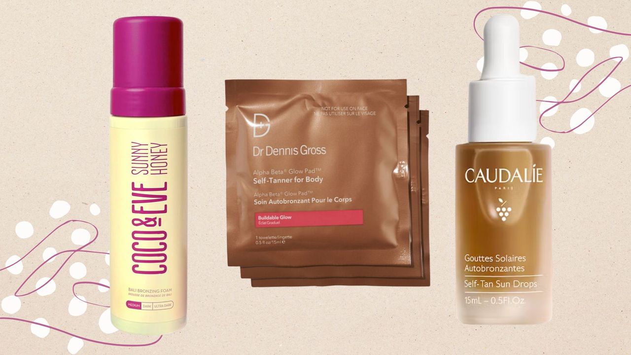 a beige backdrop with polka dots and graphic pink swirls, with coco and eve sunny honey self tanner, dr dennis gross alpha beta tan sachets and caudalie self tan sun drops 