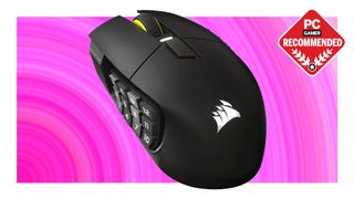 A Corsair Scimitar Elite Wireless SE MMO gaming mouse on a pink background with a PC Gamer Recommended label on top