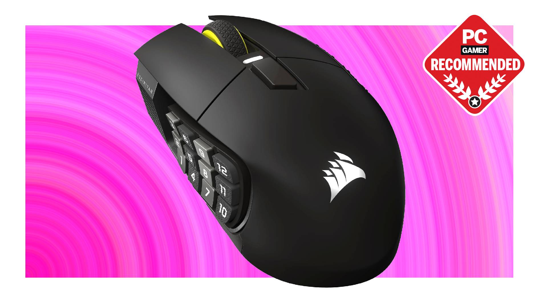 A Corsair Scimitar Elite Wireless SE MMO gaming mouse on a pink background with a PC Gamer Recommended label on top