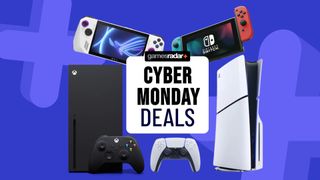 Cyber Monday deals badge surrounded by PS5, Nintendo Switch, Xbox consoles, and an Asus ROG Ally