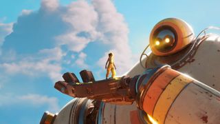 A giant robot holds a human woman in the palm of its hand.