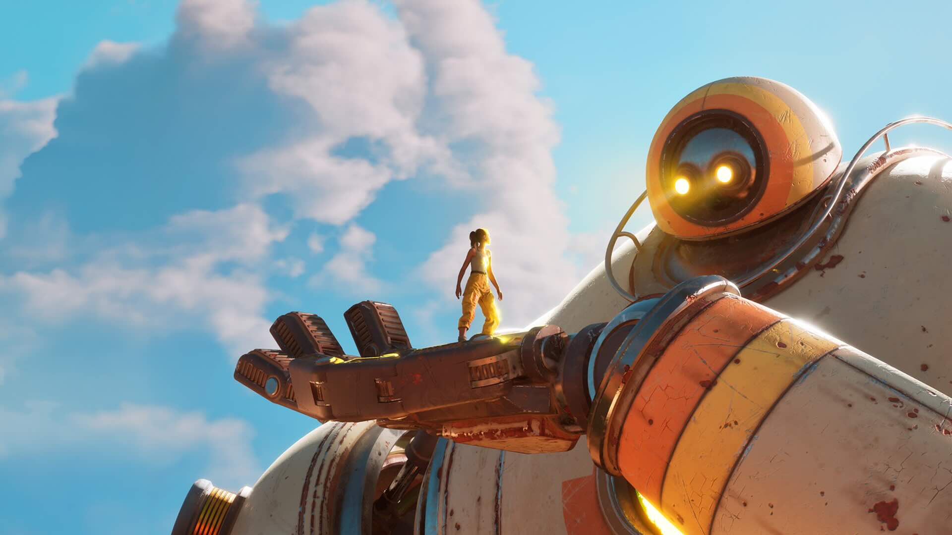 A giant robot holds a human woman in the palm of its hand.