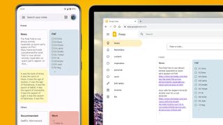 A phone and laptop on an orange background showing the Google Keep app