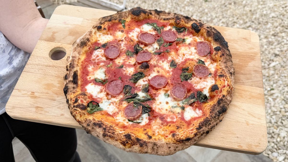 A pizza cooked on the Gozney Arc XL