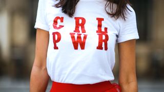 T-shirt, Clothing, White, Red, Top, Font, Neck, Sleeve, Muscle, Outerwear,