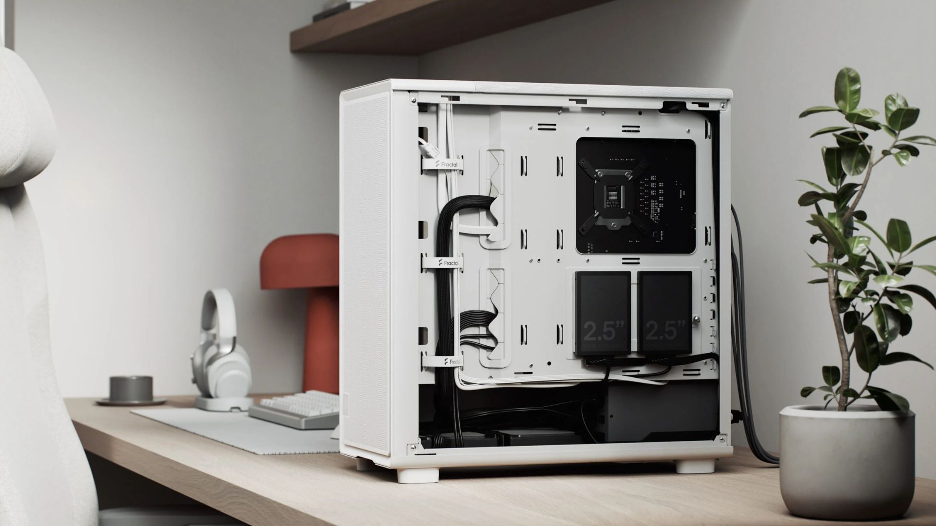The rear of the Fractal Epoch case, showing its cable management systems