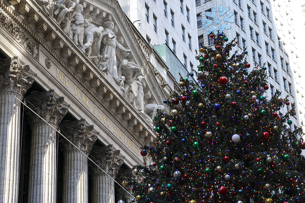 A view of the New York Stock Exchange (NYSE) and Christmas tree