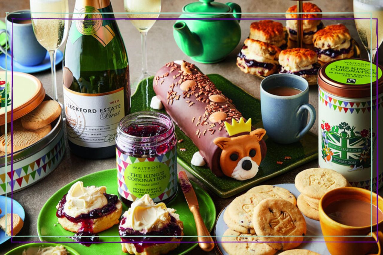 Products from Waitrose&#039;s coronation food collection, including the cake inspired by King Charles&#039; dogs