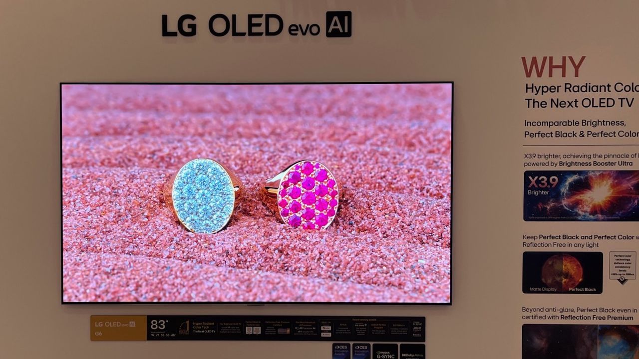 LG OLED evo G6 showing images of jewels on pink background
