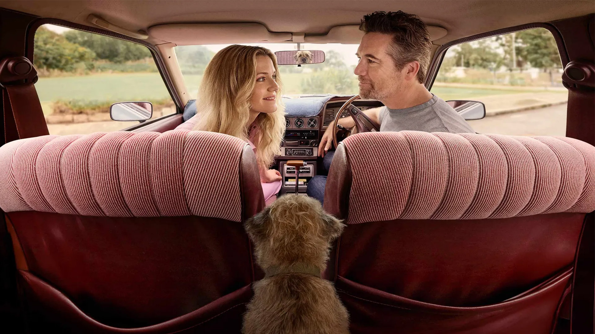 Two people sit in a car with a dog behind them